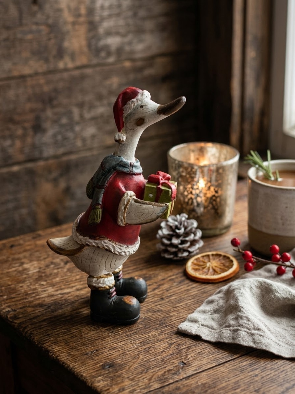 Resin Christmas Goose Figurine wearing Santa Hat, Scarf & Gift Box.